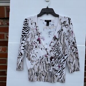 White House Black Market Floral Snakeskin Zebra Mixed Print Cardigan Sweater M